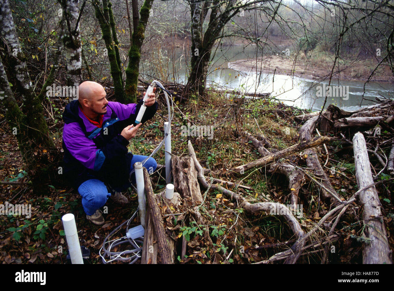 Questa immagine raffigura la ricerca sulla qualità dell'acqua nel fiume Calapooya, con particolare attenzione alla misurazione dell'azoto nelle zone ripariali. L'USDA conduce ricerche sull'acqua per monitorare e migliorare la qualità dell'acqua, utilizzando campioni raccolti in quest'area. Foto Stock