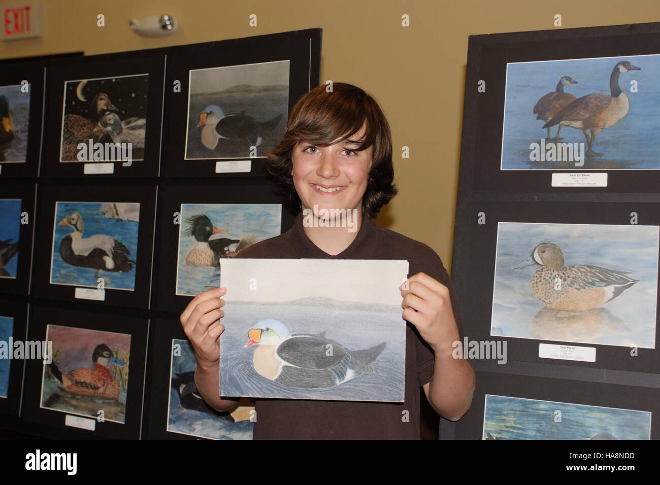 Una foto che rappresenta il programma JDS (Colorado Junior Duck Stamp). Questa iniziativa insegna ai bambini la conservazione della fauna selvatica e li coinvolge in progetti artistici che evidenziano l'importanza degli ecosistemi delle zone umide e della protezione degli uccelli. Foto Stock