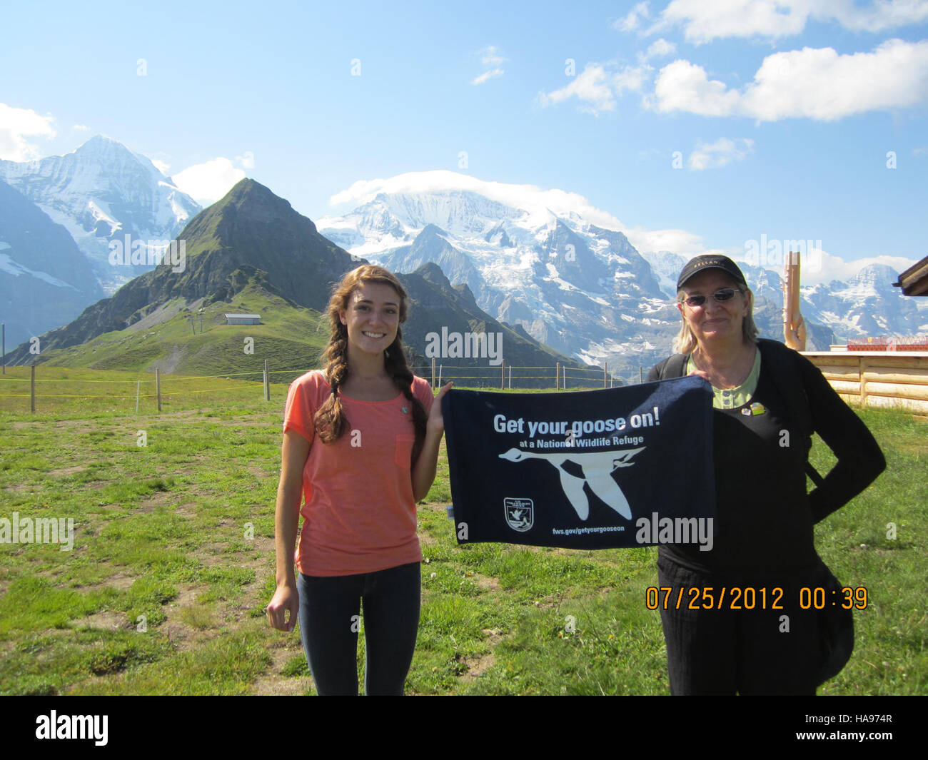 Questa immagine cattura la bellezza naturale delle Alpi svizzere con oche in primo piano, mettendo in evidenza sia la fauna selvatica che lo splendido paesaggio montano. Le Alpi svizzere sono rinomate per i loro paesaggi mozzafiato e questa fotografia sottolinea la natura incontaminata della zona. Foto Stock