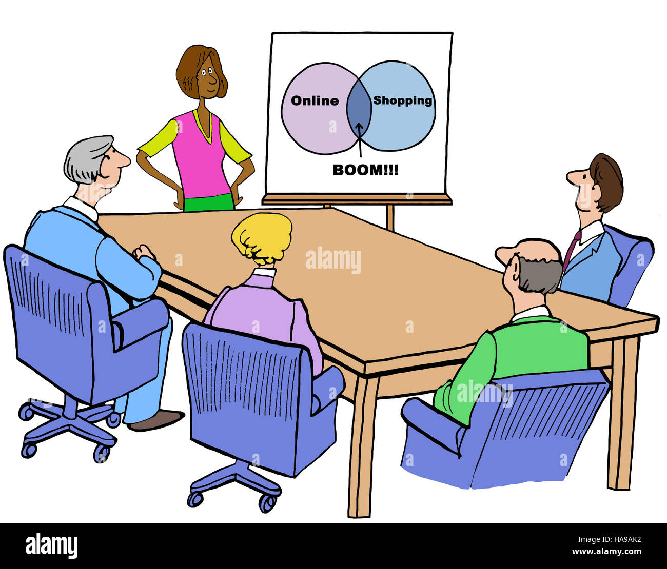 Colore business illustrazione di una imprenditrice di convogliamento a partecipanti alla riunione che lo shopping online è in pieno boom. Foto Stock