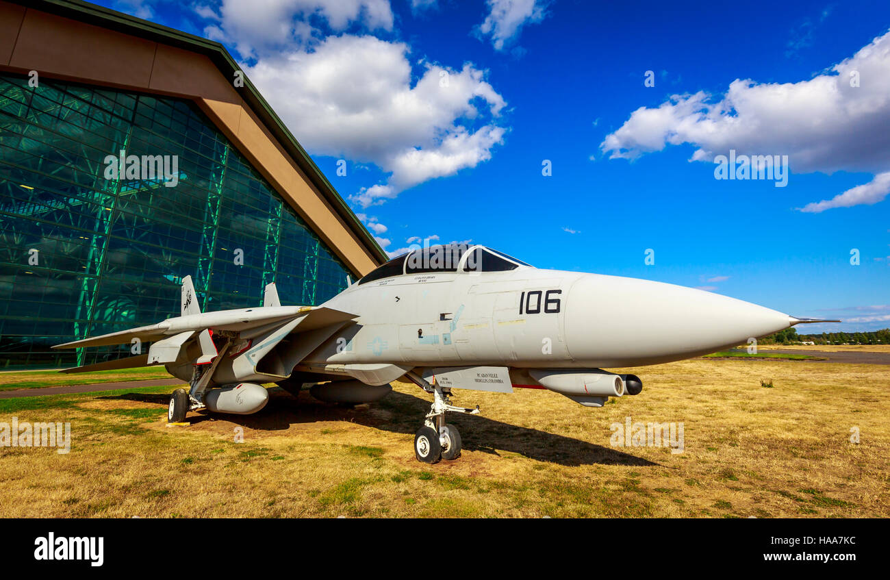 McMinnville, Oregon - Agosto 31, 2014: militare degli aerei da caccia Grumman F-14 Tomcat in mostra a Evergreen Aviation & Space Museum. Foto Stock