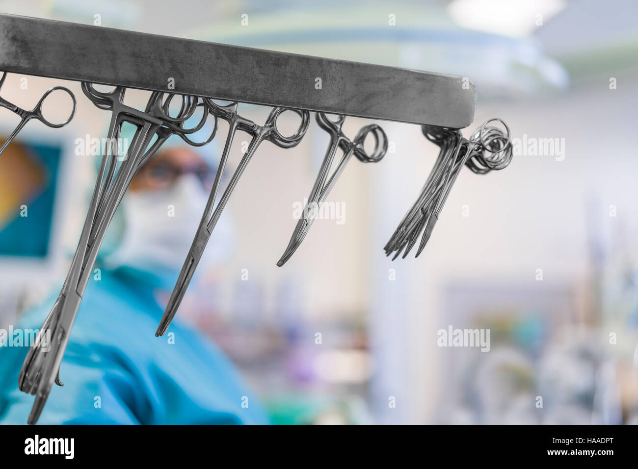 Strumenti chirurgici-sostituzione di valvola cardiaca chirurgia, sala operatoria, Reykjavik, Islanda Foto Stock