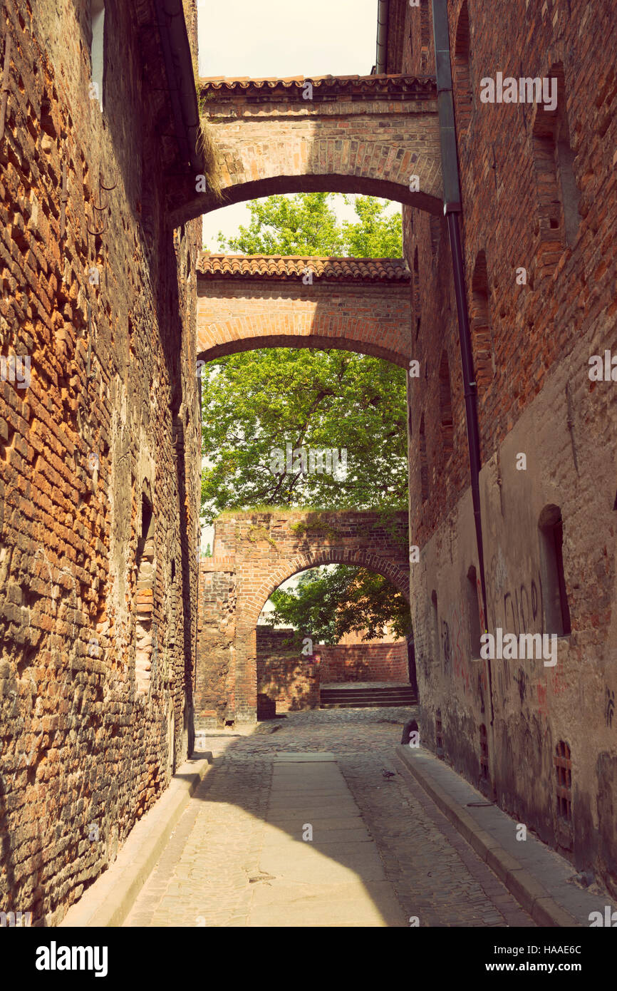Via medievale al posto dell antico castello della città di Torun, Polonia Foto Stock