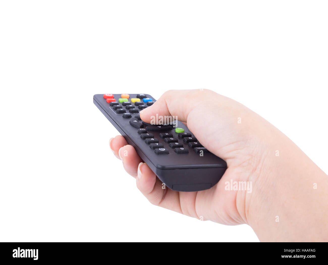 Mano con telecomando tv isolato su sfondo bianco Foto Stock