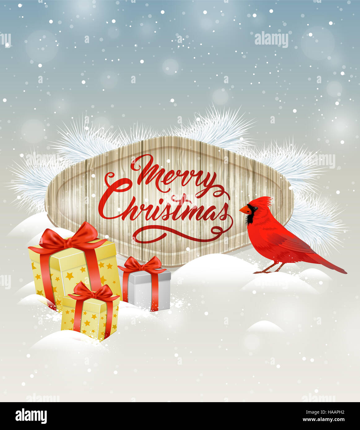 Sfondo di natale con doni di abete bianco ramo e il cardinale bird. Buon Natale scritte sul banner di legno. Design per Natale il messaggio di saluto Foto Stock