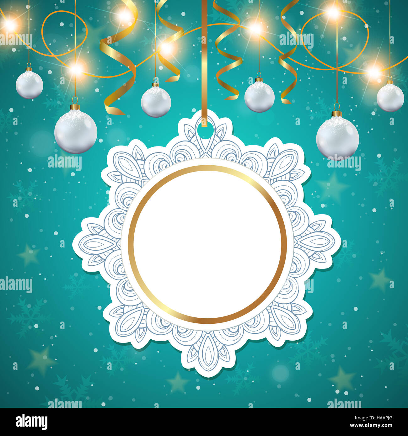 Round decorativi banner di Natale con decorazioni in bianco su sfondo verde. Foto Stock