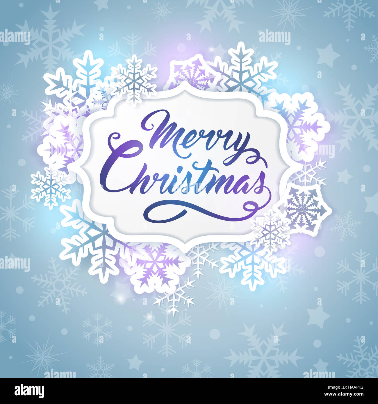 Banner di natale con saluto iscrizione e i fiocchi di neve. Buon Natale scritte. Per la progettazione di Natale carta. Foto Stock