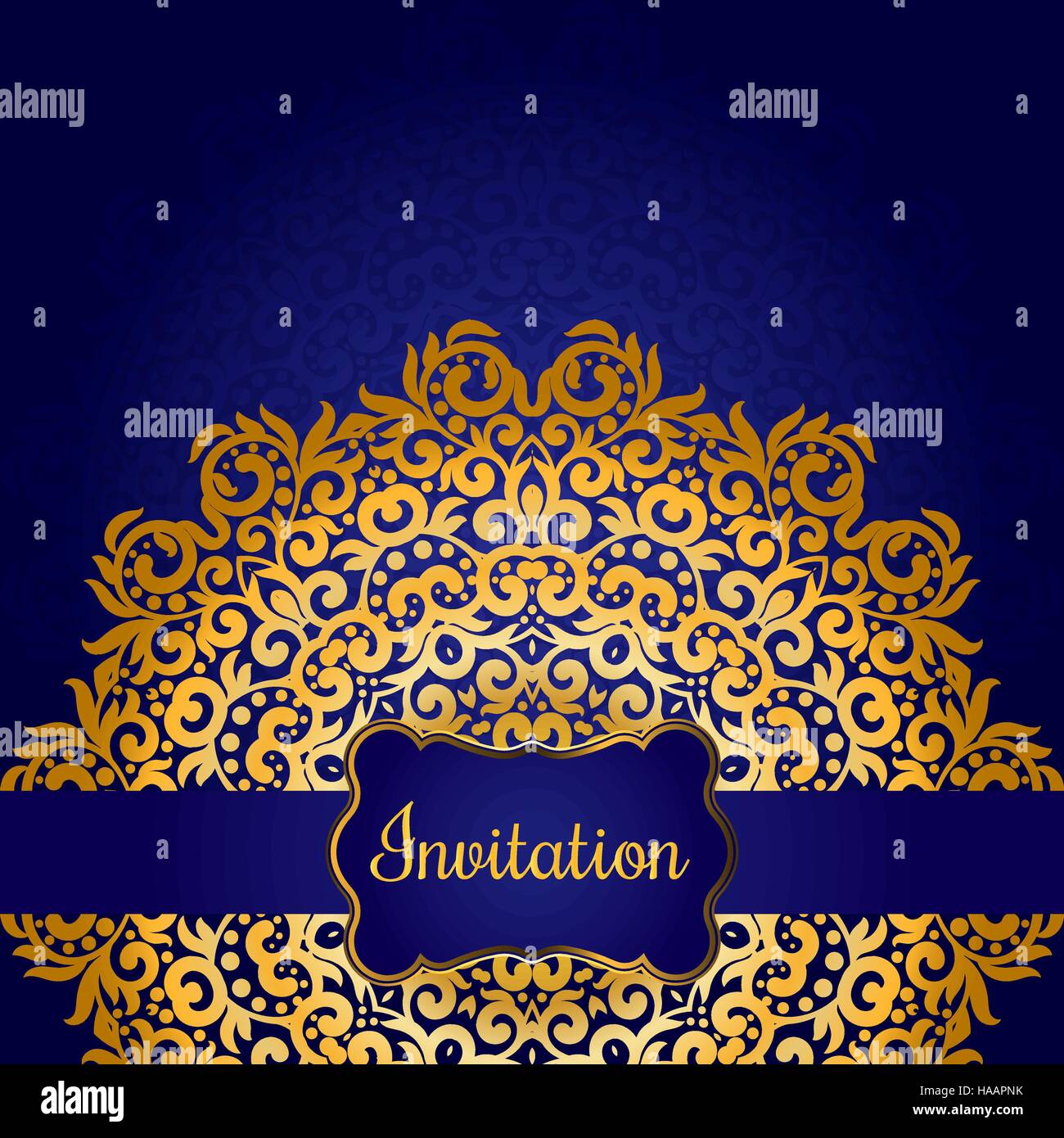Ricco invito gold card in stile indiano. Bohemian carte con i mandala. Royal blu e oro. Carte uniche di design o di sfondo. Illustrazione Vettoriale