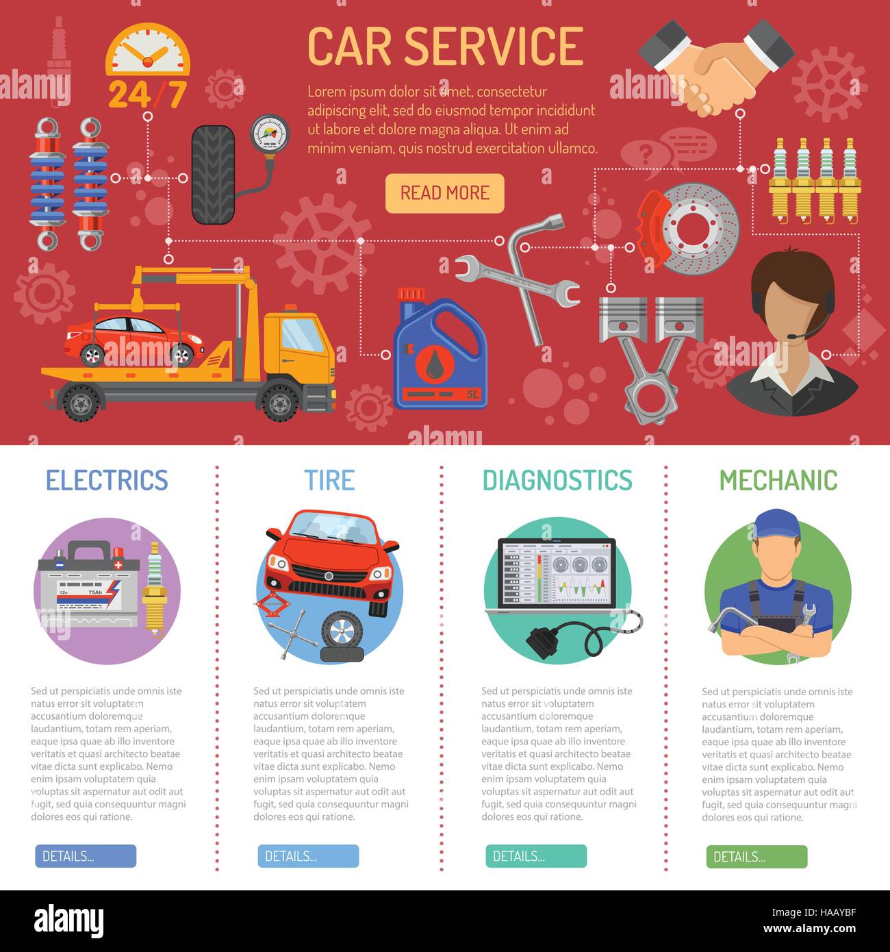 Auto di Servizio e Assistenza Stradale Infographics Illustrazione Vettoriale