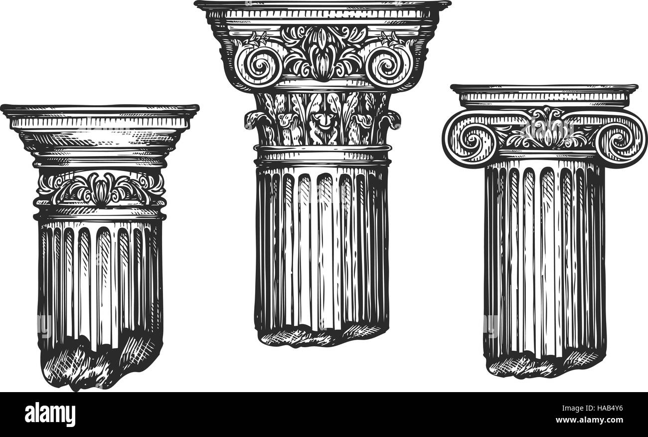 Disegnata a mano imposta architettonico ordini classici. Schizzo illustrazione vettoriale Illustrazione Vettoriale