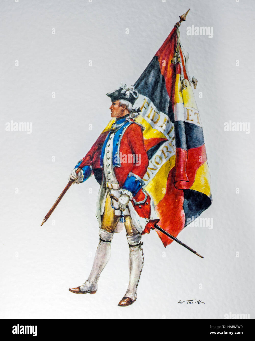 Soldato con bandiera della Confederazione, Diesbach-Fähnrich reggimento in royal servizio francese, Svizzera Foto Stock