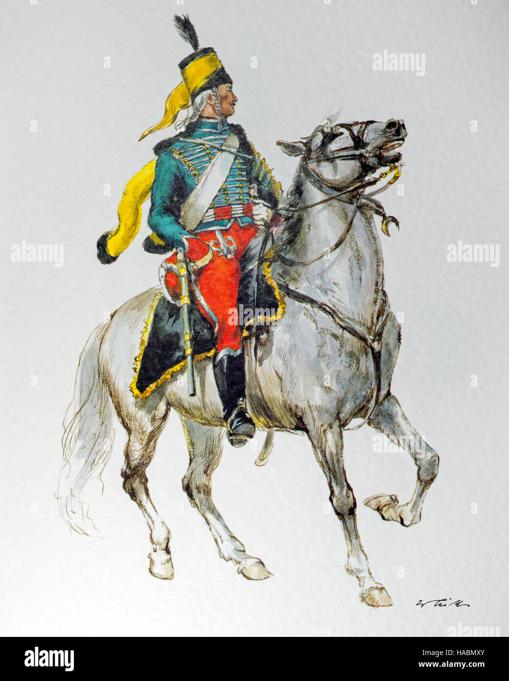 Guida ussaro a cavallo in uniforme del 1797 esercito tedesco nella Repubblica francese Foto Stock