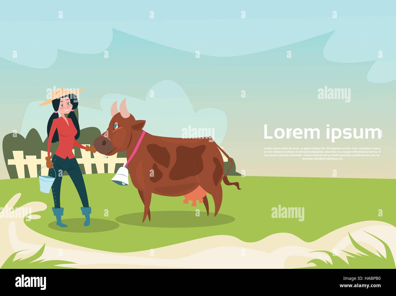 Agricoltore donna con Cow Eco ALLEVAMENTO Allevamento Illustrazione Vettoriale