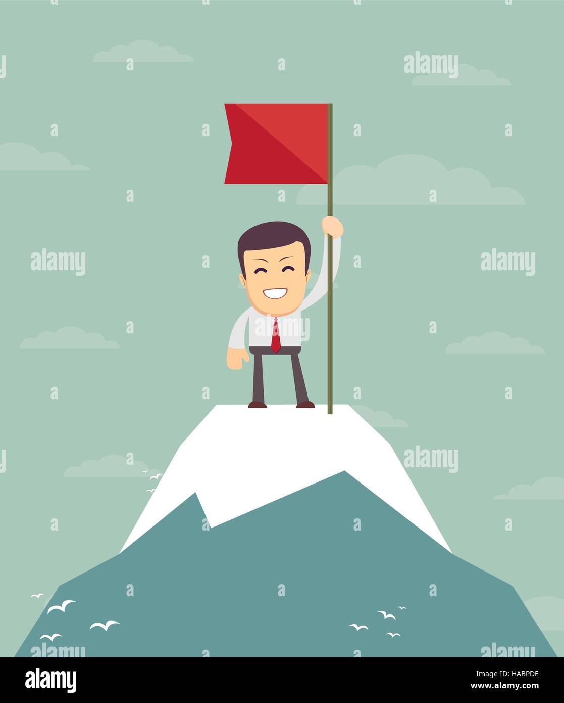 Imprenditore con bandiera su un picco di montagna. Illustrazione Vettoriale
