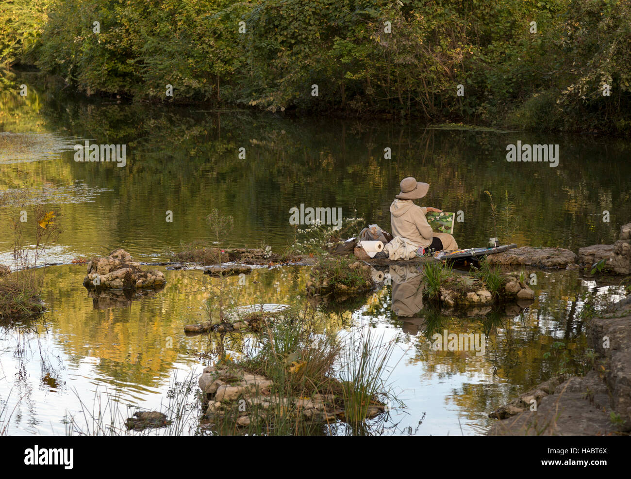 Senior donna artista, pittura nel parco. Louis, Missouri, Forest Park. Foto Stock