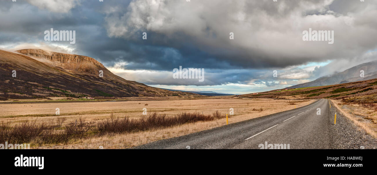 Un panorama di Iceland's Ring Road, o Route 1, tagli attraverso le Highlands erbosa offrendo il massimo Roadtrip in autunno Foto Stock