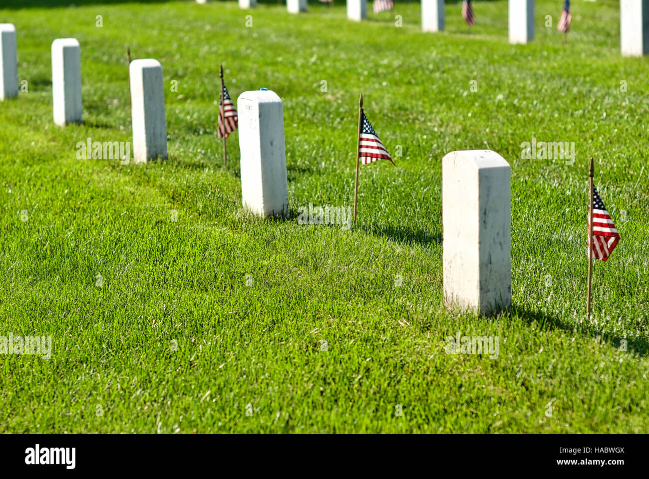 Fort Myer, Virginia, Stati Uniti d'America - 1 Maggio 2015: bandiere nordamericane onore veterani sepolto al cimitero nazionale di Arlington, a Fort Myer vicino a Washington, D.C. Foto Stock