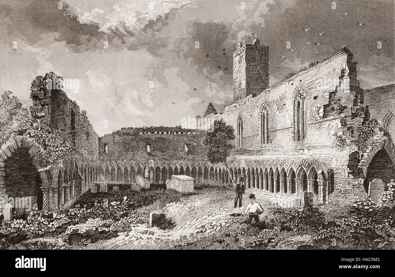 Xix secolo-Grave Digger accanto al chiostro nelle rovine dell'abbazia domenicana di San Francesco. Ufficialmente chiamato il convento domenicano di Sligo è stato originariamente costruito nel 1253 dall'ordine di Maurizio Fitzgerald, Barone di Offaly. Fu distrutto nel 1414 da un incendio, devastato durante i nove anni di guerra nel 1595 e ancora una volta nel 1641 durante l'Ulster insurrezione. I frati spostata fuori nel XVIII secolo, ma Lord Palmerston ripristinato l' Abbazia nel 1850s. Città di Sligo, nella contea di Sligo, Irlanda Foto Stock