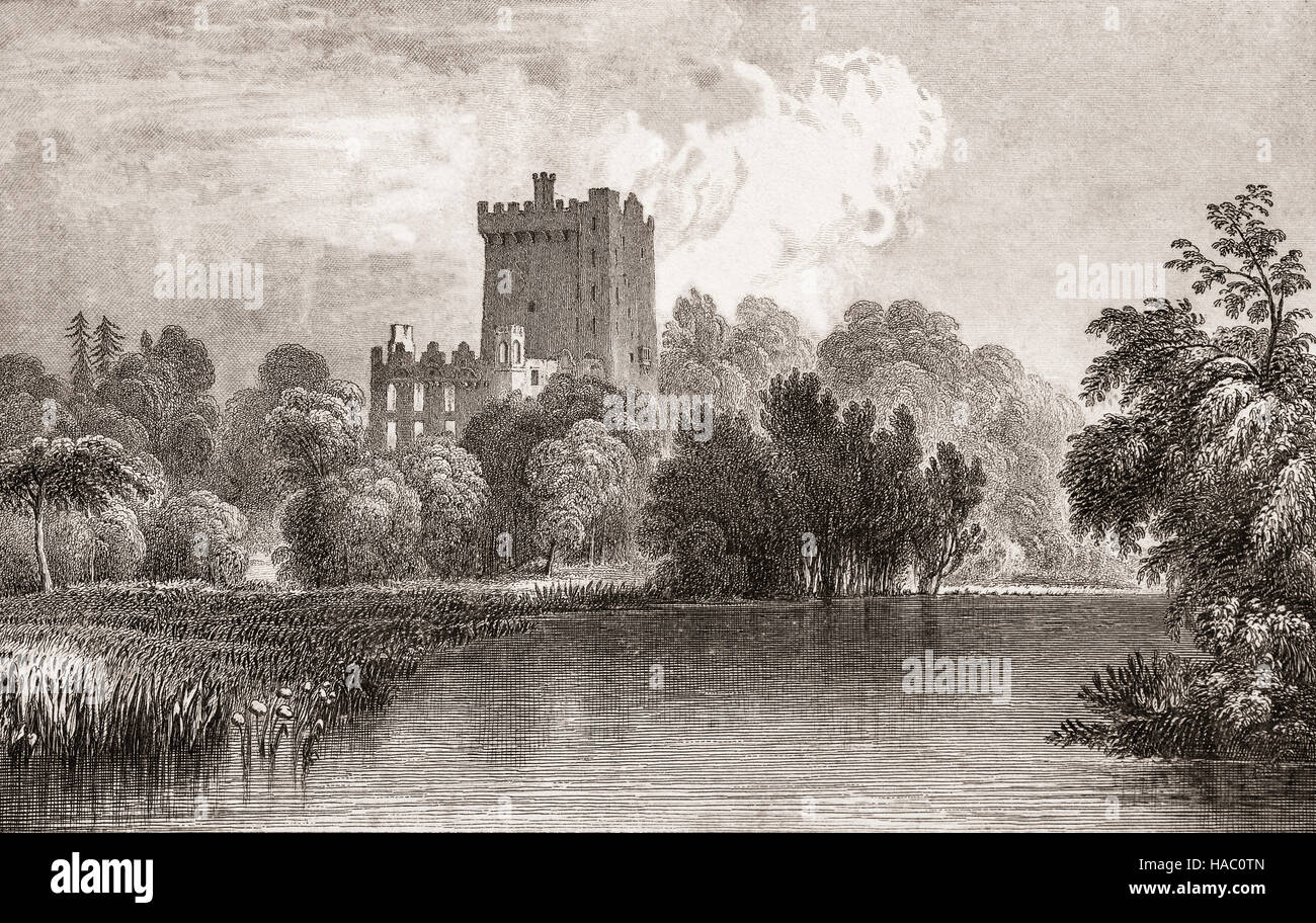 Xix secolo vista del Castello di Blarney, ubicazione del Blarney Stone, un medievale del XV secolo roccaforte in Blarney sul Fiume Martin, vicino la città di Cork, nella contea di Cork, Irlanda. Foto Stock