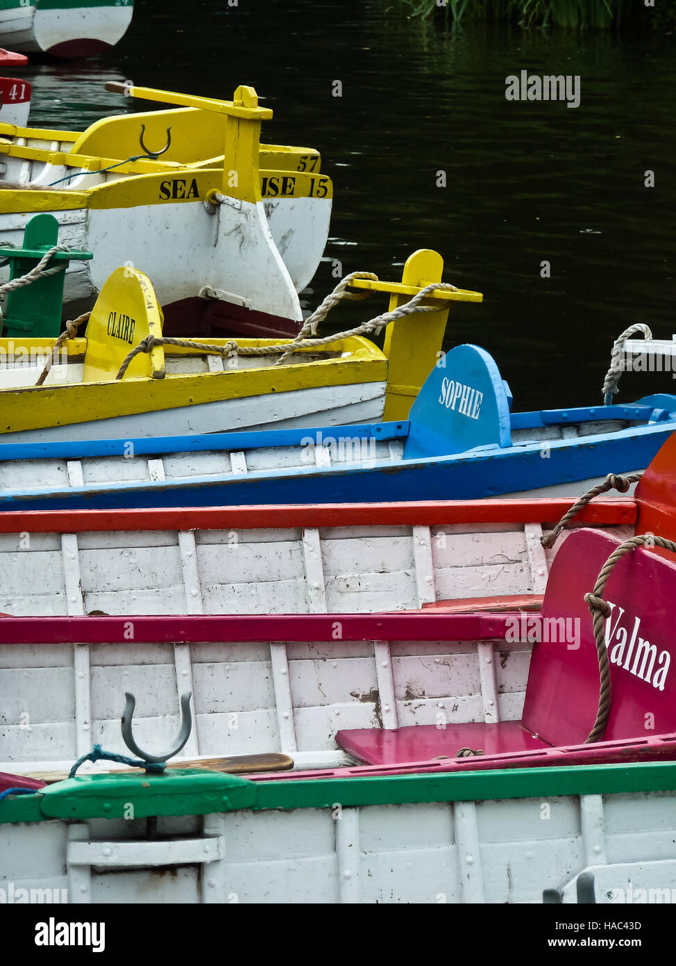 Poppe di named, colorate barche a remi ormeggiate su Thorpeness Meare, Suffolk. Foto Stock