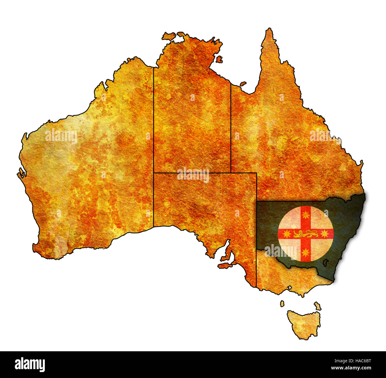 Nuovo Galles del Sud bandiera sulla mappa di Australia con le divisioni amministrative Foto Stock