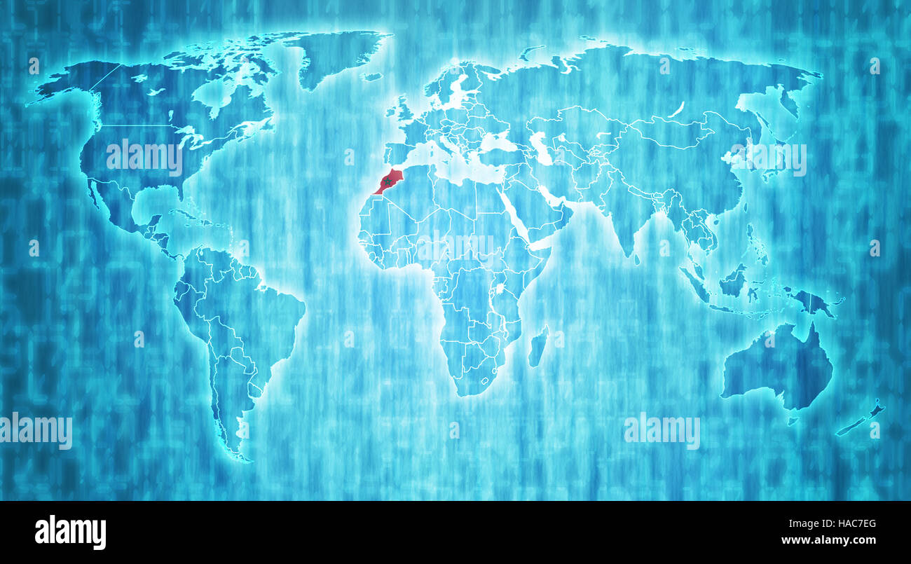 Bandiera del Marocco su blu digital world map con effettiva delle frontiere nazionali Foto Stock