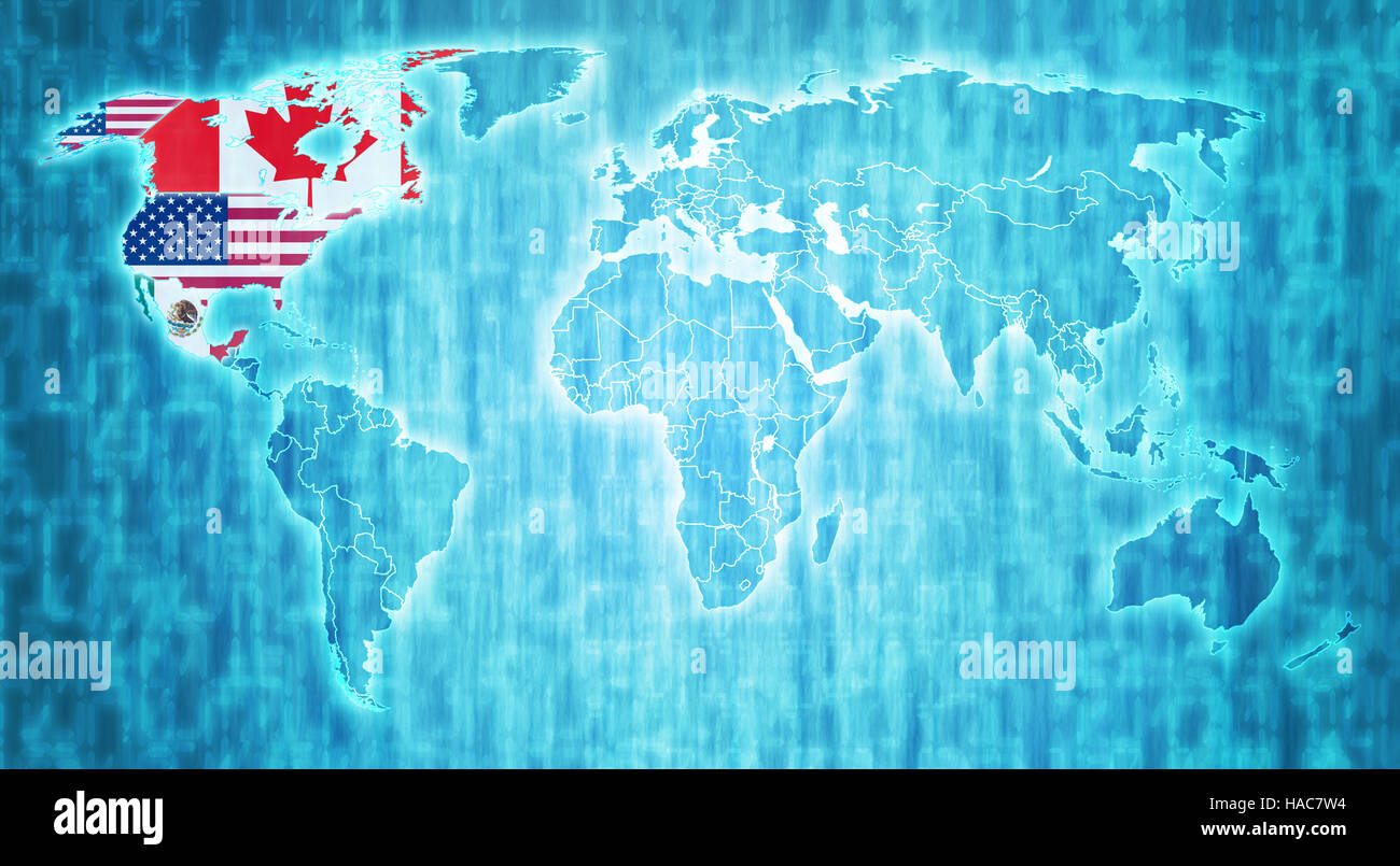 Il Nafta bandiere blu sul mondo digitale mappa effettivamente con i confini nazionali Foto Stock
