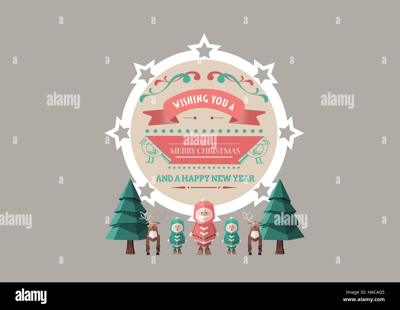 3D illustrazione di albero, renne, figure umane e buon Natale auguri Foto Stock