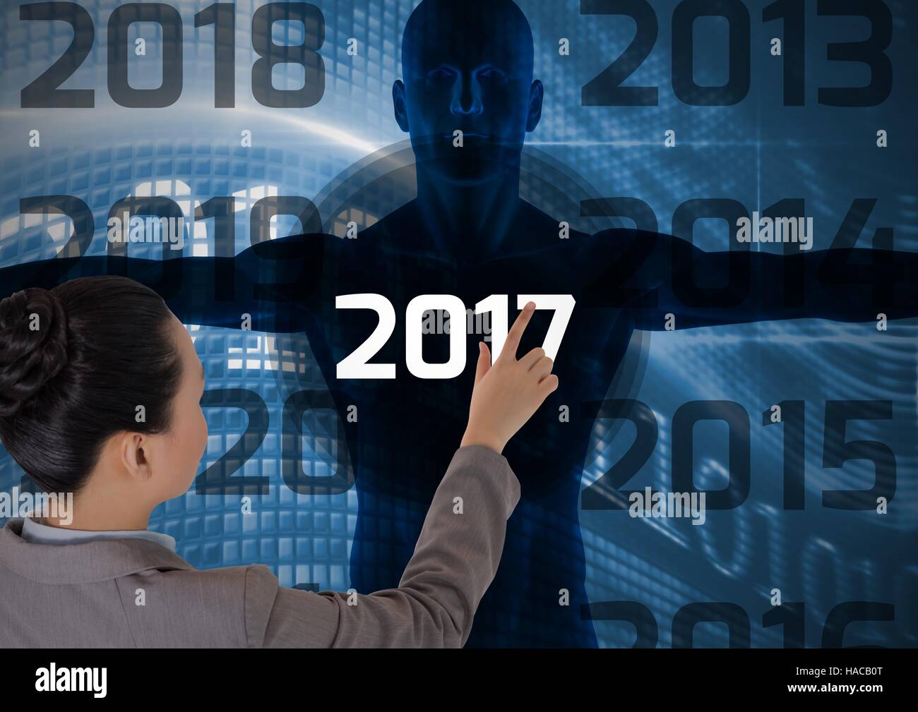 Donna toccando 2017 su 3D generati digitalmente il corpo umano silhouette Foto Stock