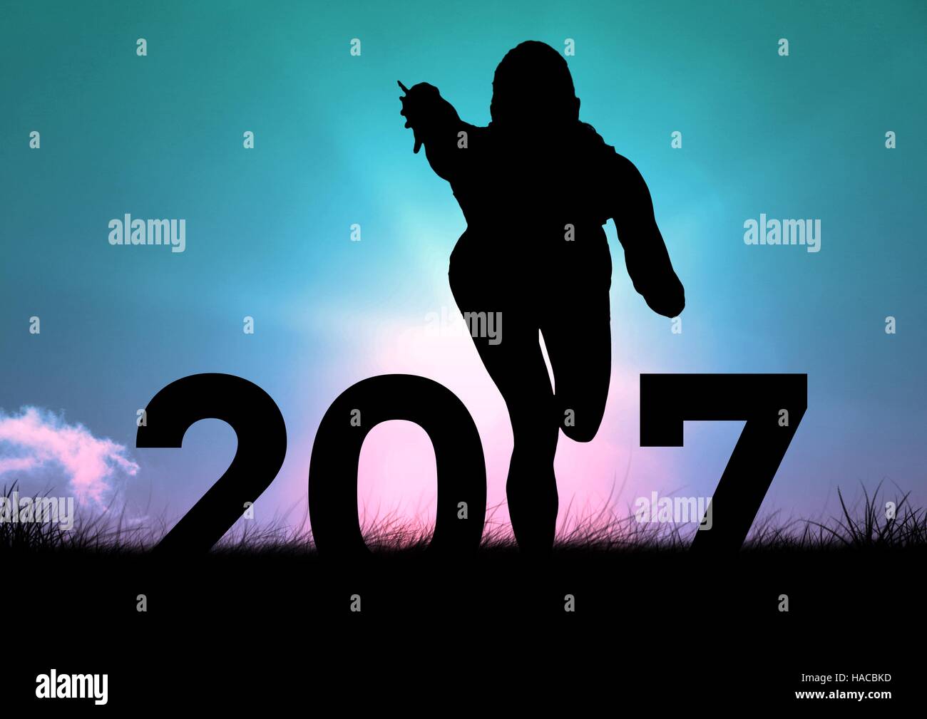 Silhouette di esecuzione di persona la formazione di 2017 anno nuovo segno 3D Foto Stock