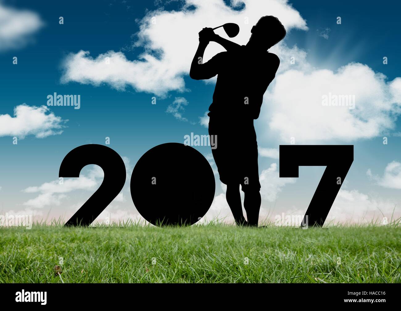 Silhouette di uomo giocando a golf formando 2017 Anno nuovo segno Foto Stock