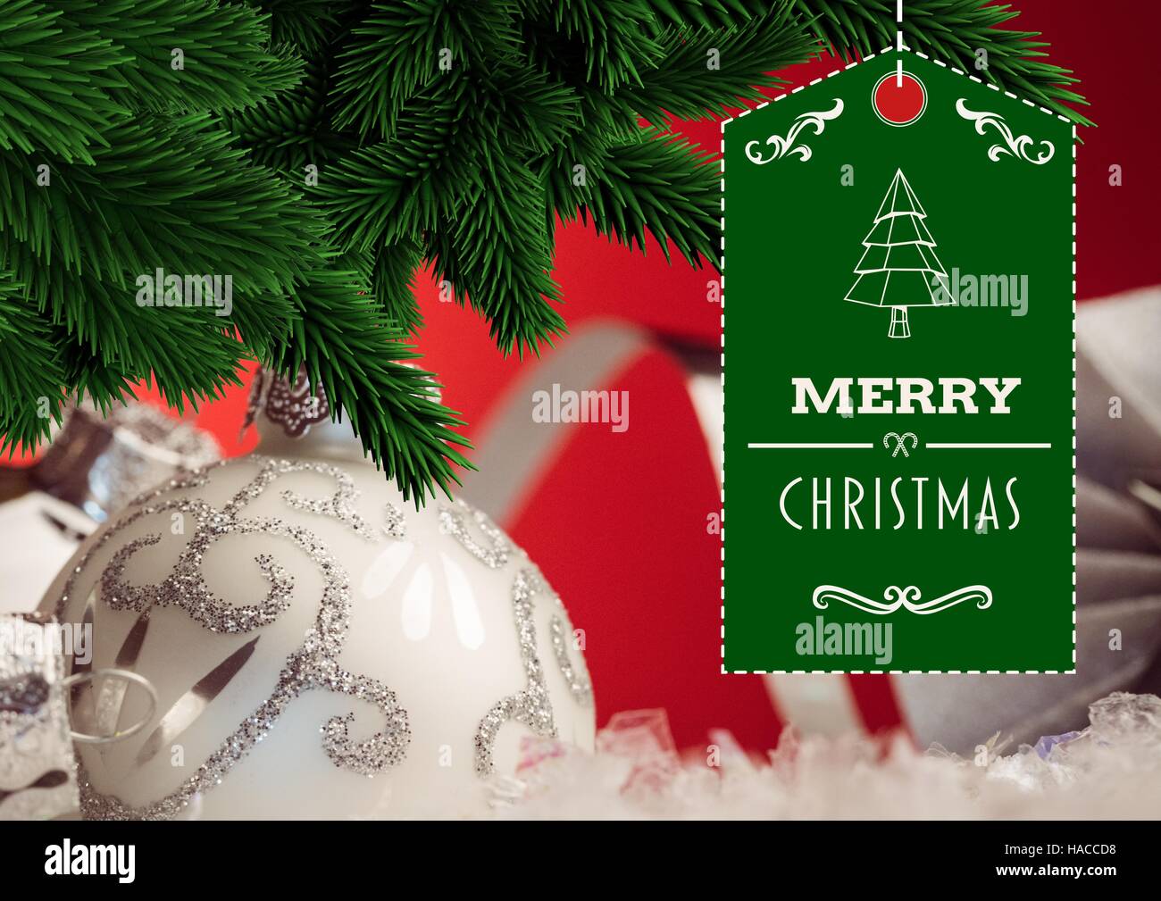 Buon Natale auguri con albero di natale in background Foto Stock