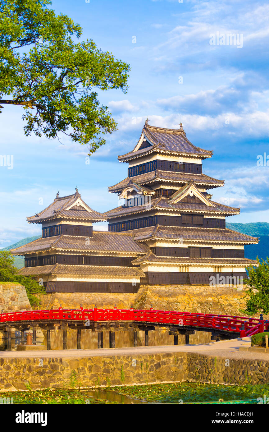 Chiudere teleobiettivo con vista del Matsumoto jo Castello rivelando dettagli dell'antica tenere in una giornata di sole in Prefettura di Nagano, Giappone Foto Stock