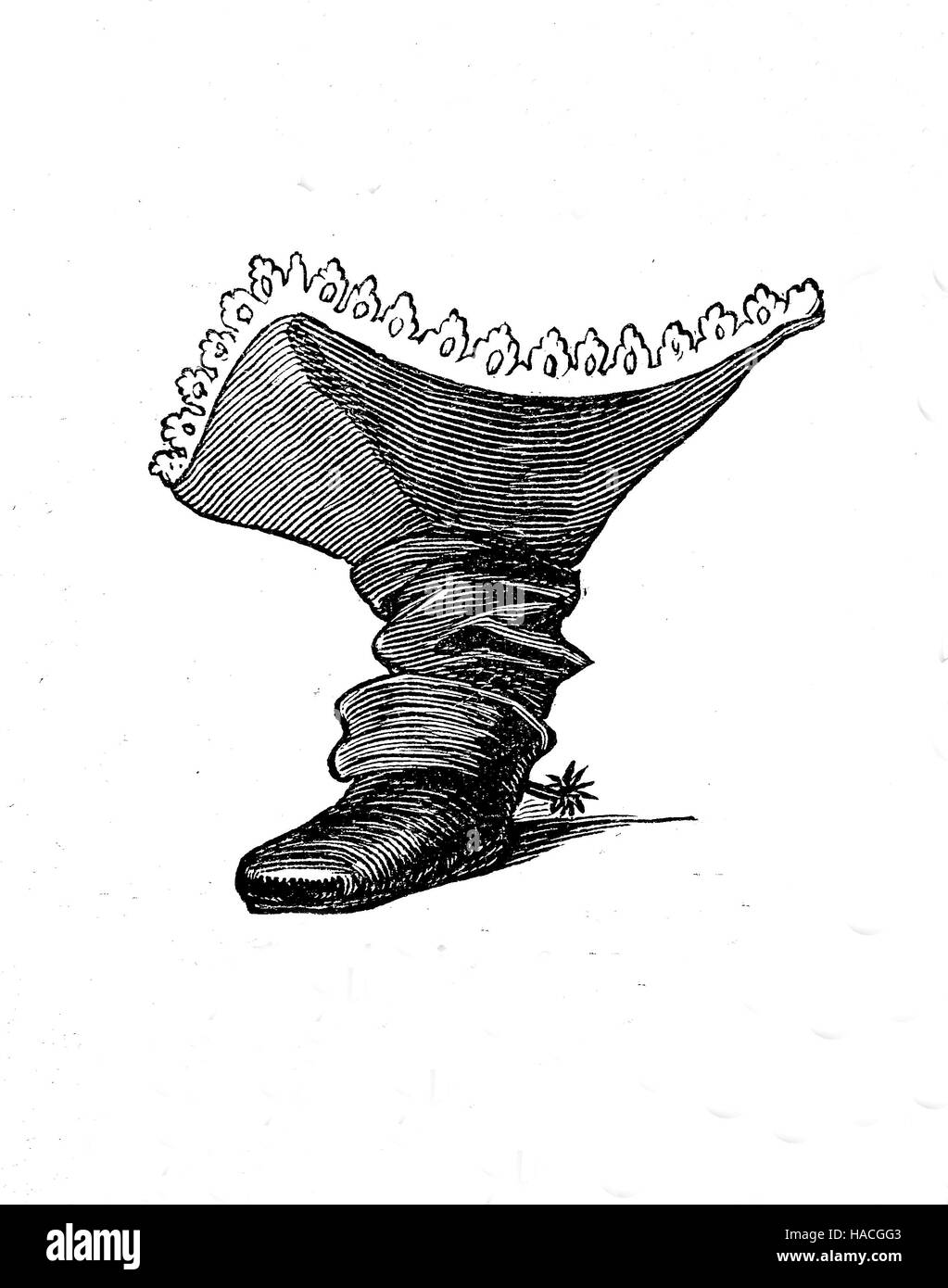 Scarpe, la moda del passato. Francia, 1600 - 1700, stivali di un fop o fashion-monger, con lance, storico illustrazione, xilografia Foto Stock