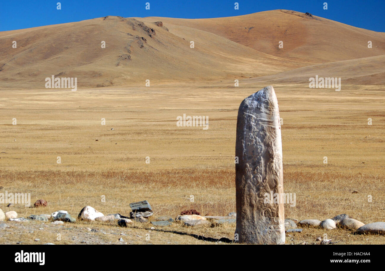 Età del Bronzo pietre Cervo vicino Jargalant, Bayankhongor, Mongolia Foto Stock