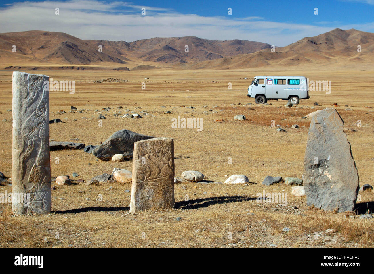 Età del Bronzo pietre Cervo vicino Jargalant, Bayankhongor, Mongolia Foto Stock