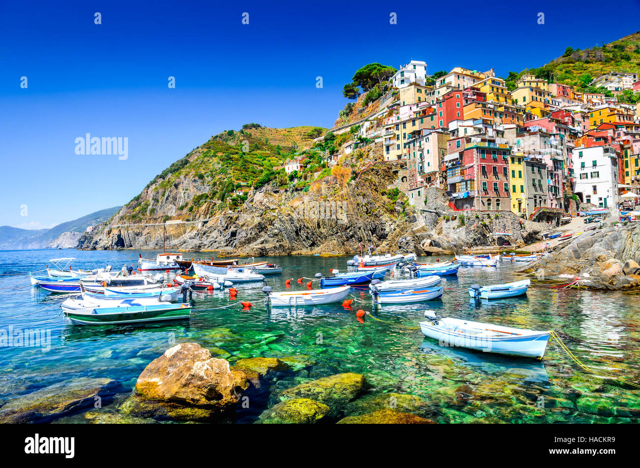 Cinque Terre. Riomaggiore villaggio in una piccola valle nella regione Liguria d'Italia. Foto Stock