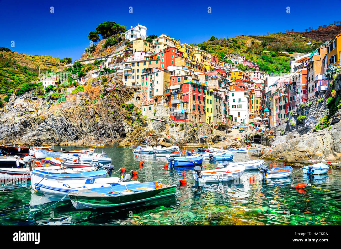 Cinque Terre. Riomaggiore villaggio in una piccola valle nella regione Liguria d'Italia. Foto Stock
