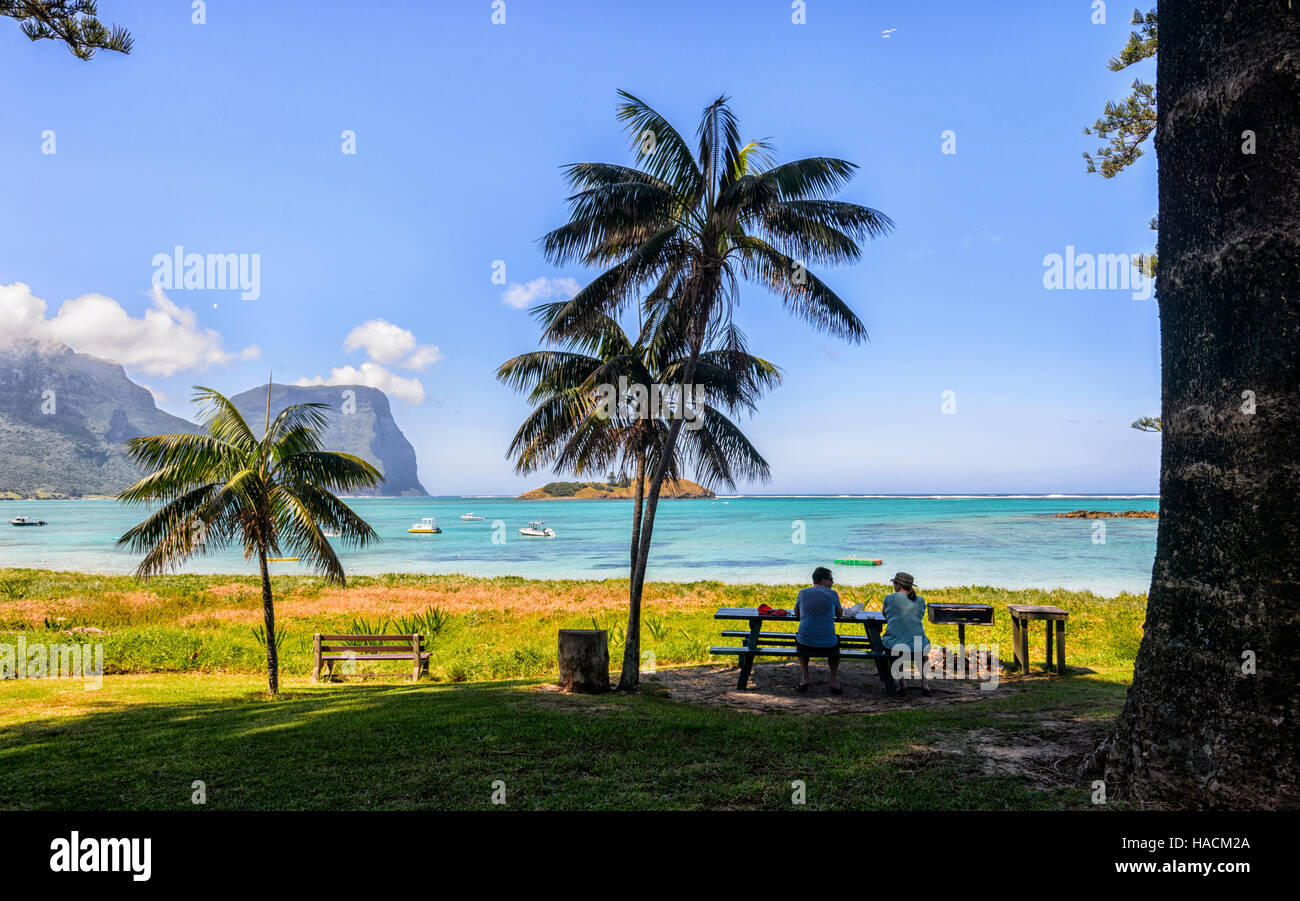 Giovane seduto di fronte alla laguna, Isola di Lord Howe, Nuovo Galles del Sud, NSW, Australia Foto Stock