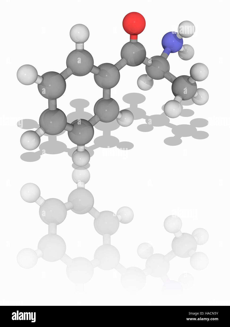 Cathinone. Il modello molecolare del farmaco cathinone (C9.H11.N.O), che si trovano in un arbusto Catha edulis. Noto come KHAT, le foglie di questa pianta sono tradizionalmente masticati per il loro effetto stimolante. Questo è dovuto alla cathinone, che è un vetro-come la monoammina alcaloide. Gli atomi sono rappresentati da sfere e sono codificati a colori: carbonio (grigio), Idrogeno (bianco) e ossigeno (rosso). Illustrazione. Foto Stock