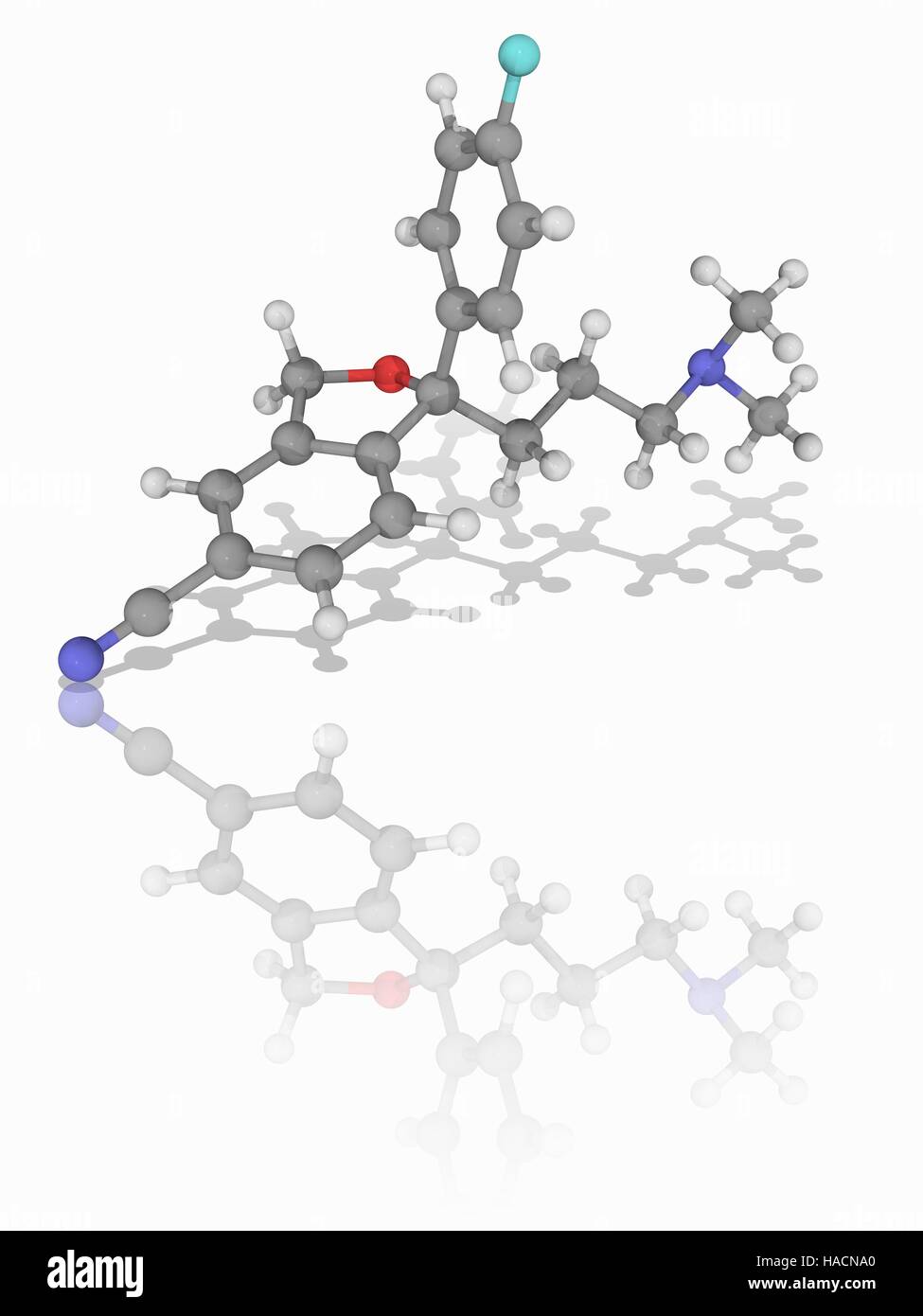 Escitalopram. Il modello molecolare del farmaco antidepressivo escitalopram (C20.H21.F.N2.O), parte di un inibitore selettivo della ricaptazione della serotonina (SSRI) classe di farmaci. Questo farmaco è usato nel trattamento del disturbo depressivo maggiore e disturbo d'ansia generalizzato. Gli atomi sono rappresentati da sfere e sono codificati a colori: carbonio (grigio), Idrogeno (bianco), Azoto (blu), Ossigeno (rosso) e fluoro (ciano). Illustrazione. Foto Stock