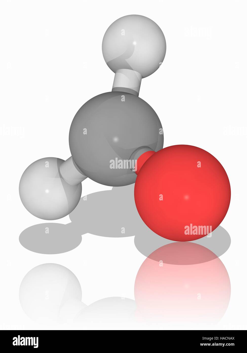 Formaldeide. Il modello molecolare del composto organico formaldeide (C.H2.O), noto anche come methanal. Questo è il più semplice aldeide. Esso è un liquido incolore gas tossici con un odore pungente. Formaldeide disciolto in acqua (formalina) è stato utilizzato per la conservazione di campioni biologici. Gli atomi sono rappresentati da sfere e sono codificati a colori: carbonio (grigio), Idrogeno (bianco) e ossigeno (rosso). Illustrazione. Foto Stock