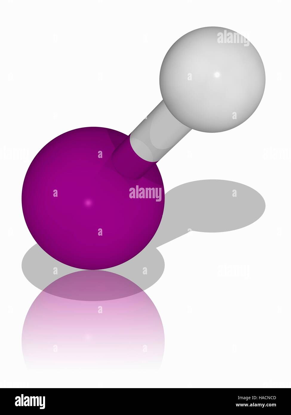 Acido iodidrico. Il modello molecolare di alogenuro e acido minerale acido iodidrico (HI). Questo acido forte è usato in prodotti organici ed inorganici di sintesi come una fonte primaria di iodio. Gli atomi sono rappresentati da sfere e sono codificati a colori: iodio (viola) e idrogeno (bianco). Illustrazione. Foto Stock Acido iodidrico. Il modello molecolare di alogenuro e acido minerale acido iodidrico (HI). Questo acido forte è usato in prodotti organici ed inorganici di sintesi come una fonte primaria di iodio. Gli atomi sono rappresentati da sfere e sono codificati a colori: iodio (viola) e idrogeno (bianco). Illustrazione. Foto Stock