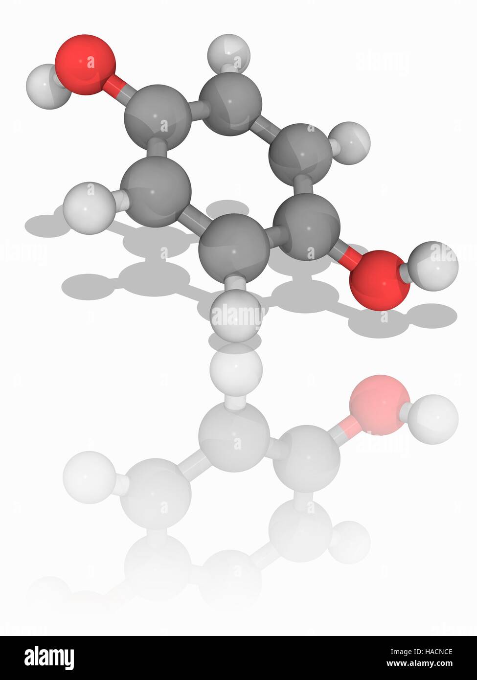 Idrochinone. Il modello molecolare dell'aromatico composto organico di idrochinone (C6.H6.O2). Questo bianco solido granulare viene utilizzato come un agente riducente ed è solubile in acqua. Gli atomi sono rappresentati da sfere e sono codificati a colori: carbonio (grigio), Idrogeno (bianco) e ossigeno (rosso). Illustrazione. Foto Stock