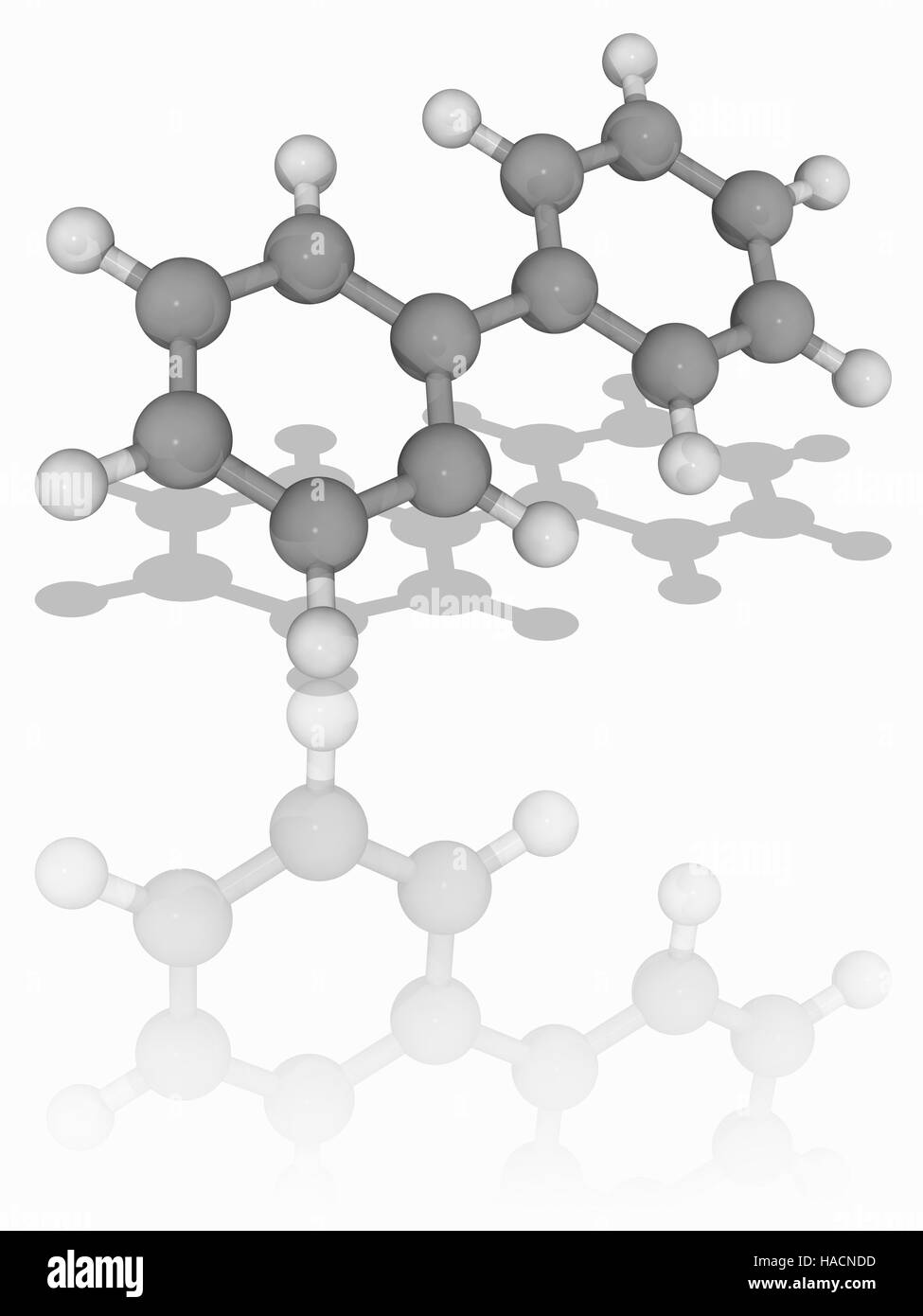 Lemonene. Il modello molecolare dell'idrocarburo aromatico lemonene (C12.H10), noto anche come Bifenile, difenile e phenylbenzene. Nell'industria chimica, questo composto organico viene usato come materiale di partenza per la produzione di bifenili policlorurati (PCB). Gli atomi sono rappresentati da sfere e sono codificati a colori: carbonio (grigio) e idrogeno (bianco). Illustrazione. Foto Stock