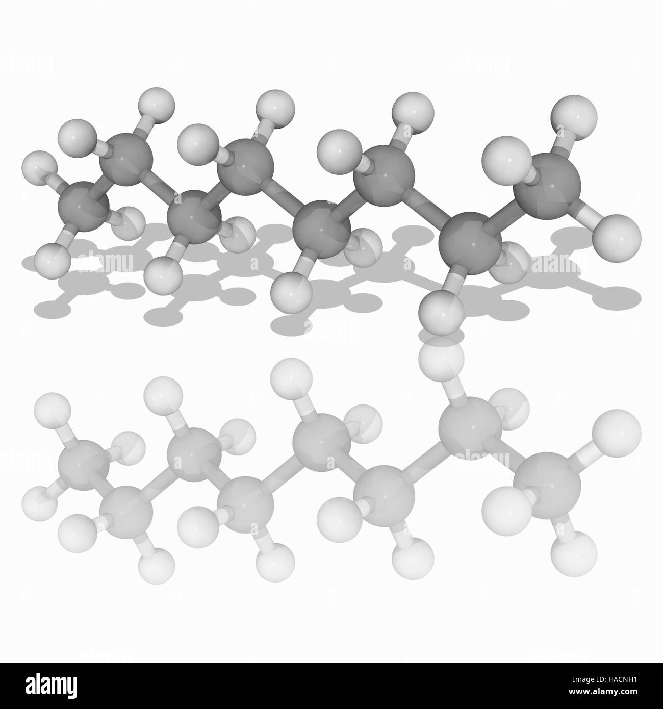 Ottano. Il modello molecolare degli idrocarburi e liquido di alcano ottano (C8.H18), una forte componente infiammabile di petrolio. Gli atomi sono rappresentati da sfere e sono codificati a colori: carbonio (grigio) e idrogeno (bianco). Illustrazione. Foto Stock