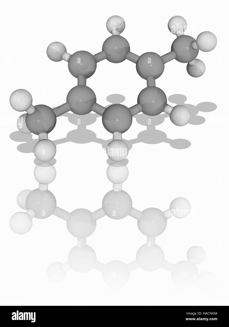 Para-Xylene. Il modello molecolare dell'idrocarburo aromatico para-xilene (C8.H10). La struttura è quella di benzene con due sostituenti metile. I sostituenti sono opposte tra di loro sul fenile (benzene) anello, donde il termine "para'. Questo prodotto chimico è utilizzato su larga scala per la produzione di acido tereftalico per il poliestere. Gli atomi sono rappresentati da sfere e sono codificati a colori: carbonio (grigio) e idrogeno (bianco). Illustrazione. Foto Stock