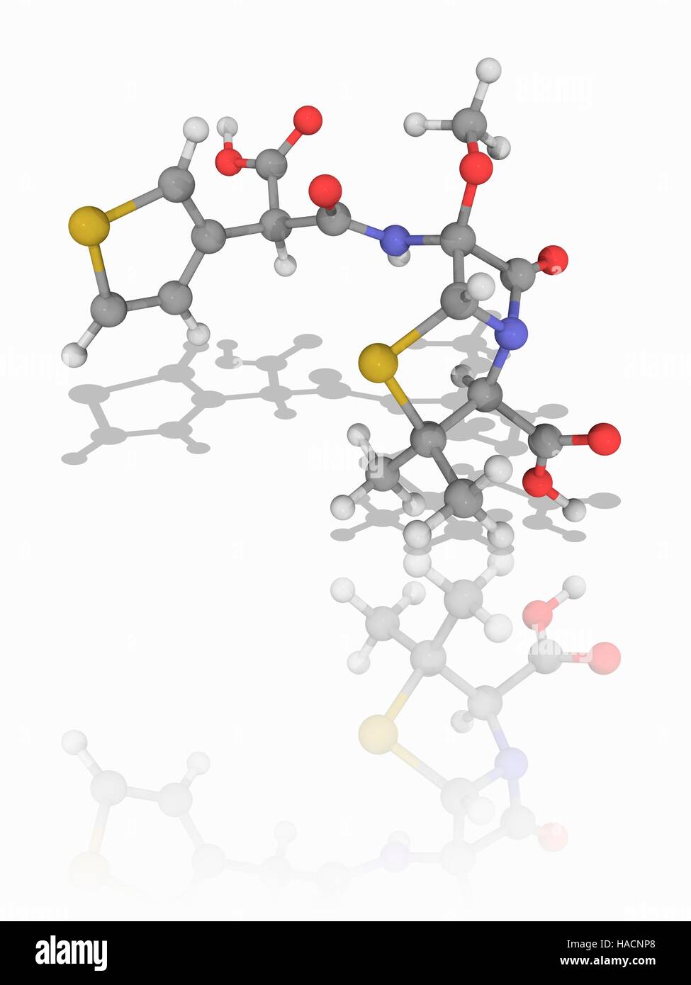 Temocillin. Il modello molecolare del farmaco temocillin (C16.H18.N2.O7.S2), una beta-lattamasi-penicillina resistente usato per trattare multiresistenti infezioni batteriche gram-negative. Gli atomi sono rappresentati da sfere e sono codificati a colori: carbonio (grigio), Idrogeno (bianco), Azoto (blu), Ossigeno (rosso) e zolfo (giallo). Illustrazione. Foto Stock