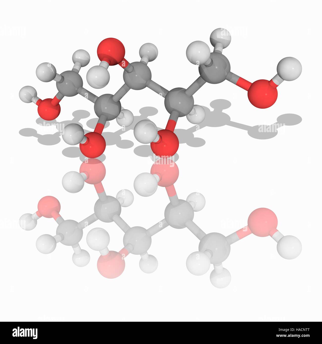 Xilitolo. Il modello molecolare dell'alcol di zucchero xilitolo (C5.H12.O5), utilizzato come sostituto dello zucchero. Gli atomi sono rappresentati da sfere e sono codificati a colori: carbonio (grigio), Idrogeno (bianco) e ossigeno (rosso). Illustrazione. Foto Stock