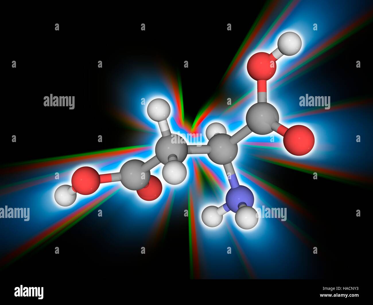 Acido aspartico. Il modello molecolare dell'amminoacido acido aspartico (C4.H7.N.O4). Strutturalmente un alfa amminoacido acido aspartico è un amminoacido non essenziale. Esso può essere sintetizzato dal corpo e così non necessitano di venire dalla dieta. Noto anche come aspartato (la base coniugata dell'acido aspartico), questo amminoacido è un precursore di diversi altri ammino acidi comprendenti la metionina, treonina, isoleucina e lisina. Gli atomi sono rappresentati da sfere e sono codificati a colori: carbonio (grigio), Idrogeno (bianco), Azoto (blu) e ossigeno (rosso). Illustrazione. Foto Stock